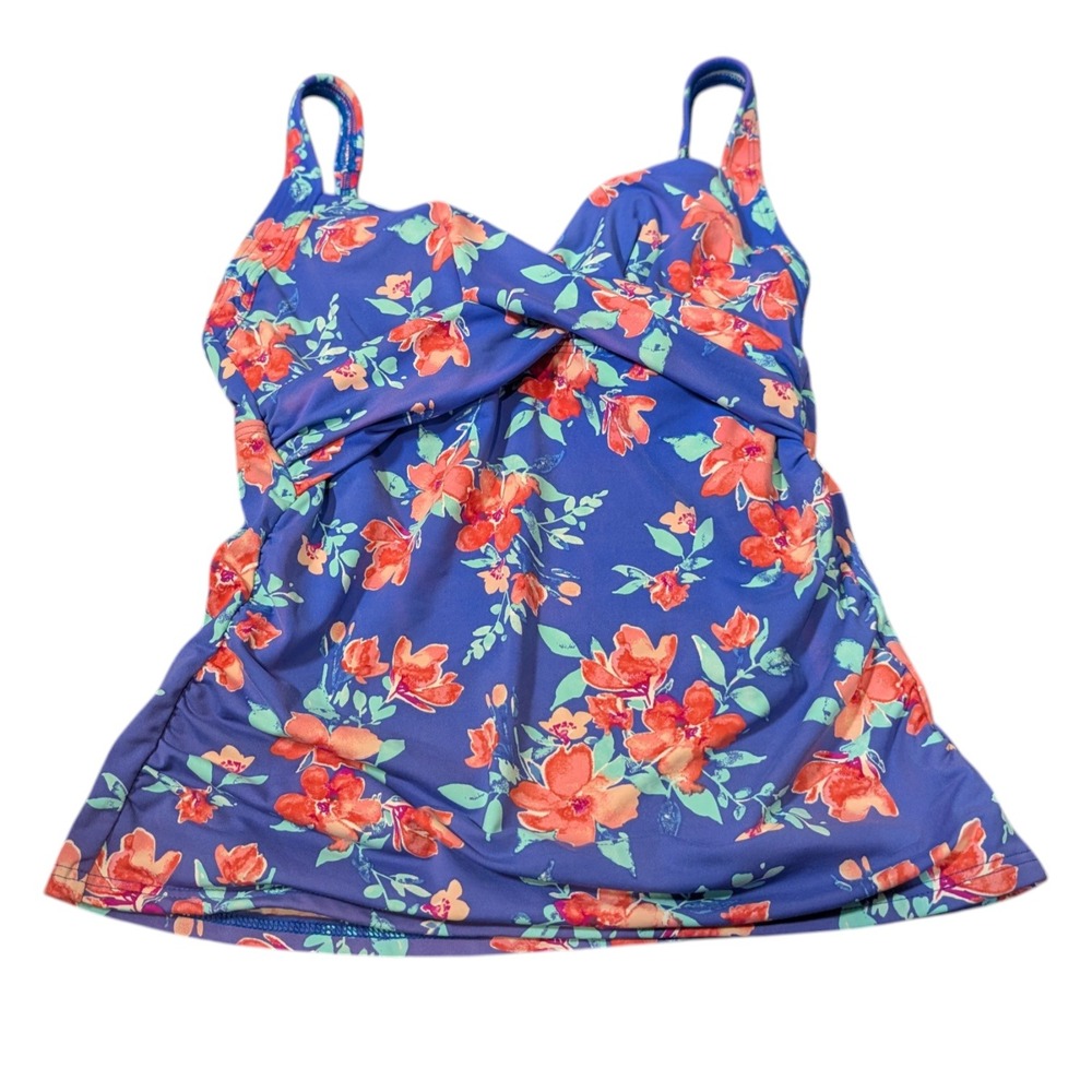 Lands End Womens‎ Petite 2P Blue Floral Twist Front Tankini Swim Top Adjustable